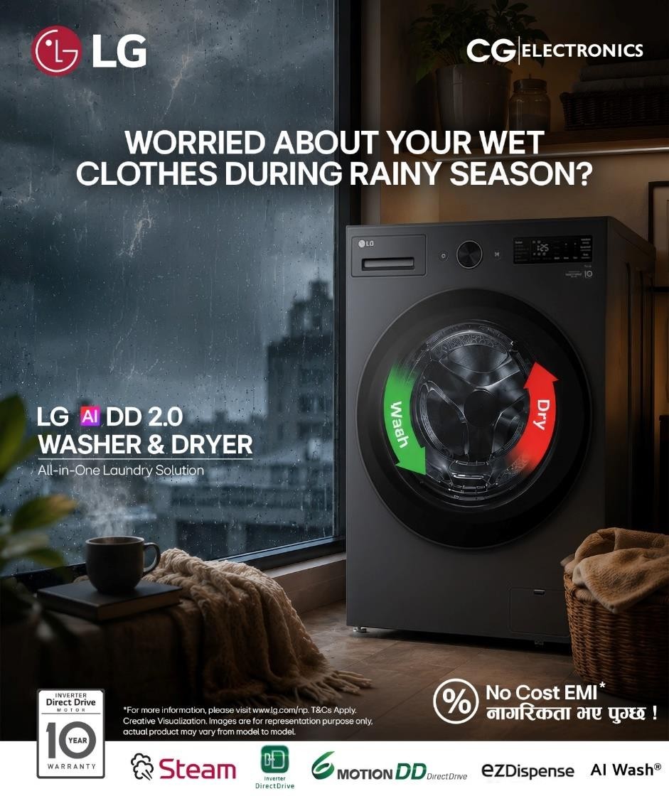 नेपालको मनसुनलाई ध्यानमा राख्दै LG ले AI DD Washer & Dryer ल्यायाे